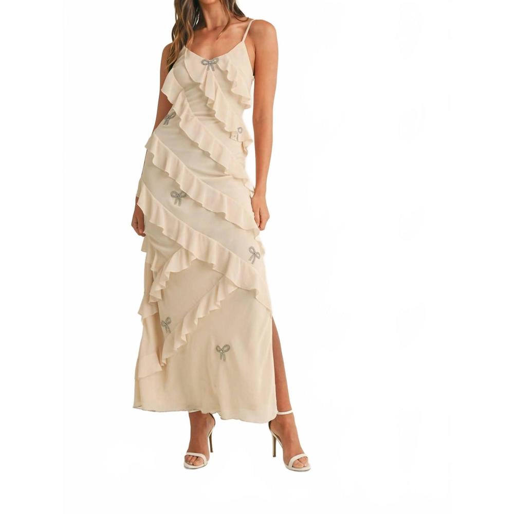 NEW GOLDEN cordi bow rhinestone ruffle maxi dress in cream